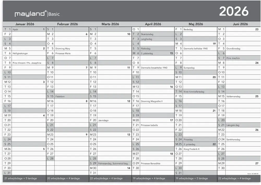 Kontorkalender basic 2026 a3 2x6 mdr.