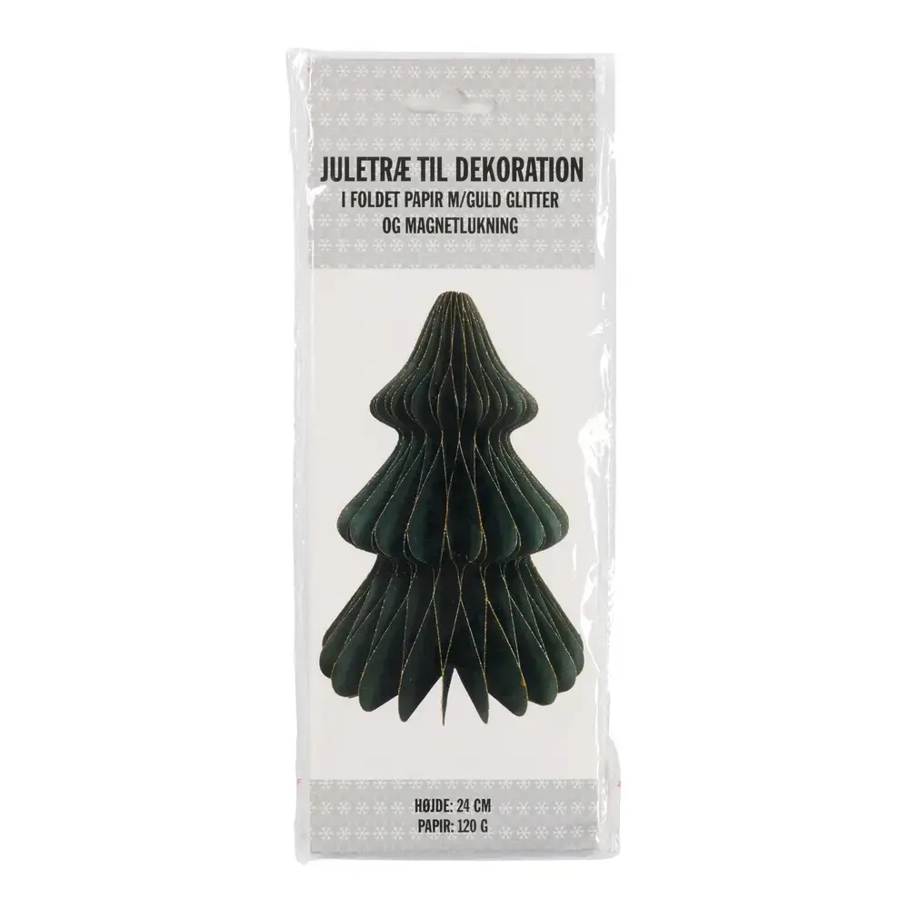 Flot dekoration papir juletræ m/glimmer og magnetluk 24 cm