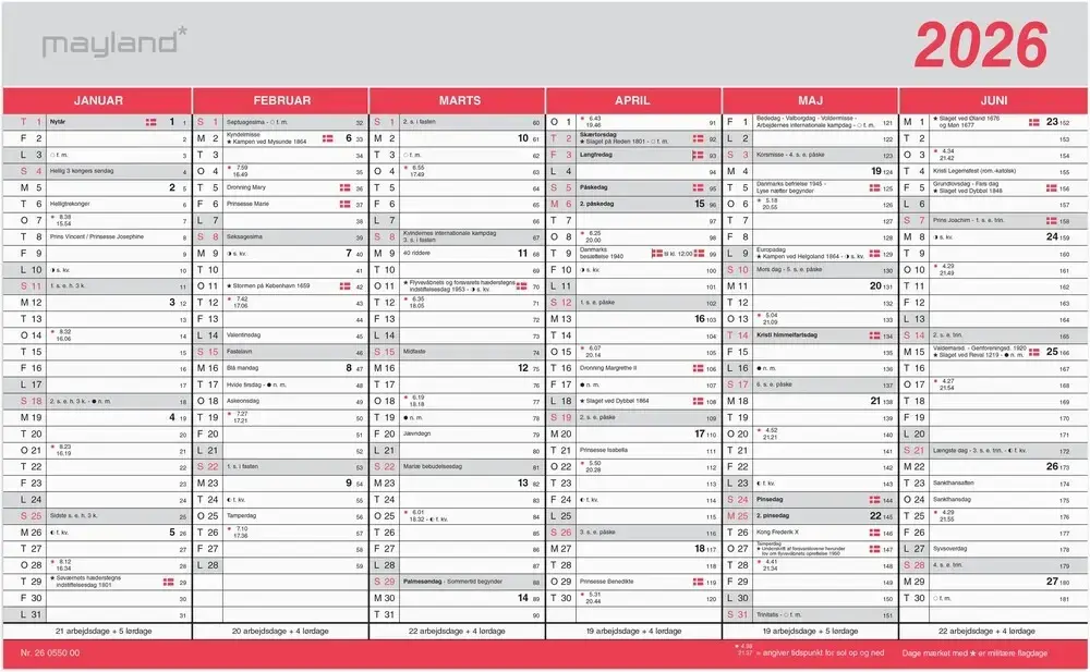 Kontorkalender stor 2026 m/flagdage