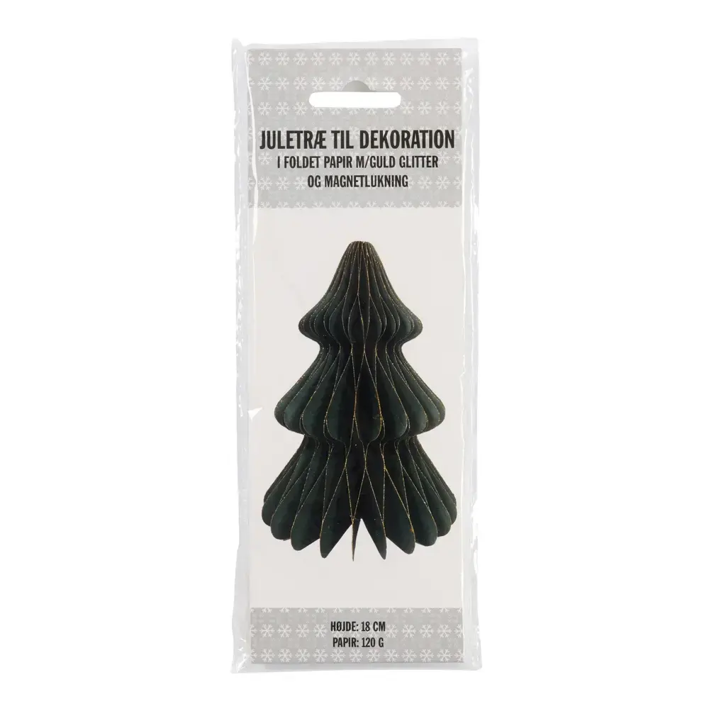 Flot dekoration papir juletræ m/glimmer og magnetluk 18 cm